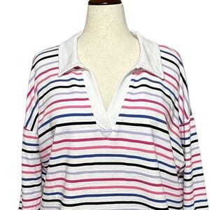 T by Talbots Top 2X White Pink Colorful Striped Deep V Neck Stretch Long Sleeve